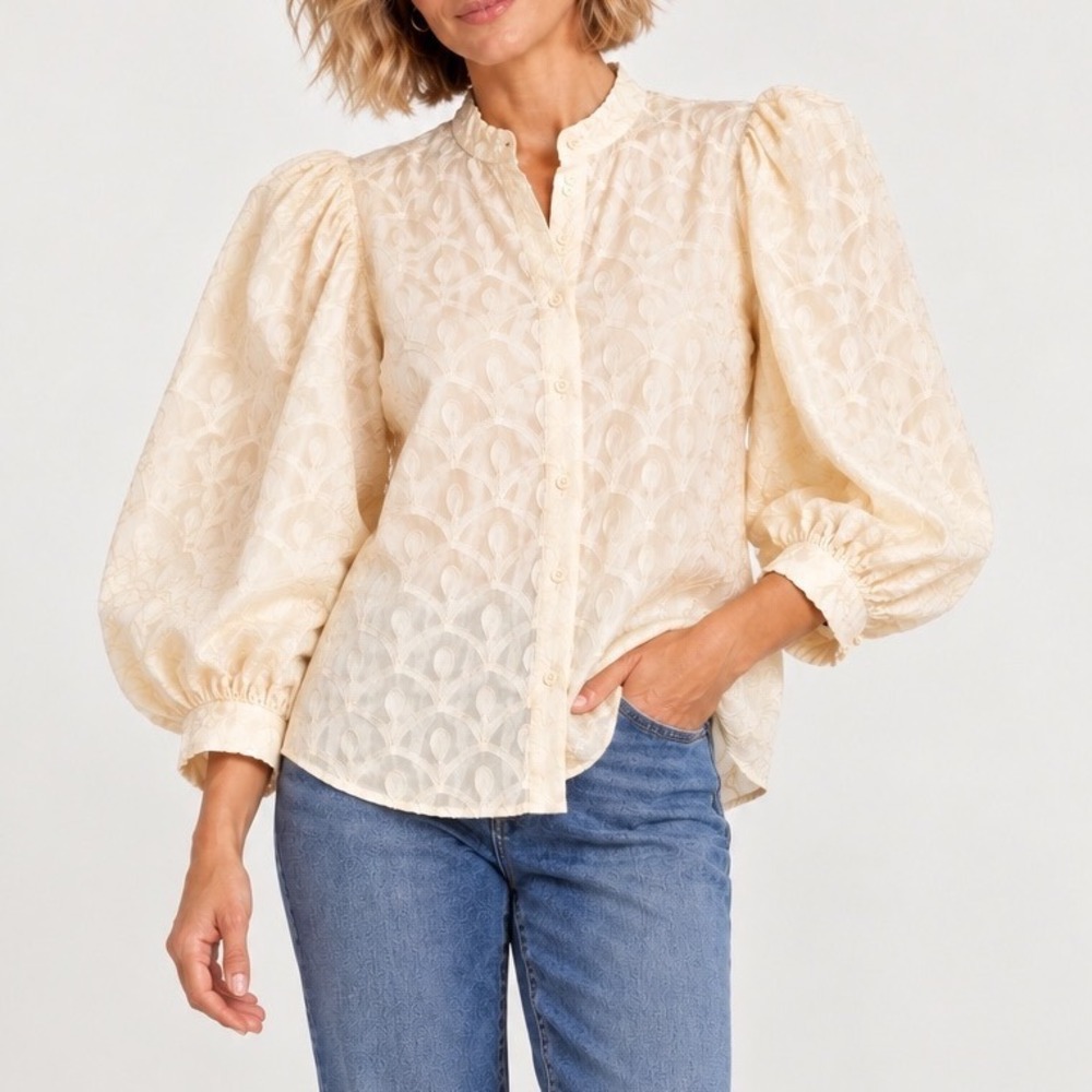 PILCRO Cream Embroidered Boho Cottagecore Coastal Cowgirl Button Up Blouse XS